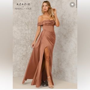 Azazie Ruched Off-Shoulder Stretch Satin Mermaid Dress